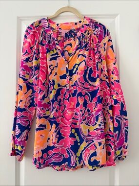 Lilly Pulitzer Neon Floral Crab Print Button-Front Blouse - Pink, Navy, Orange